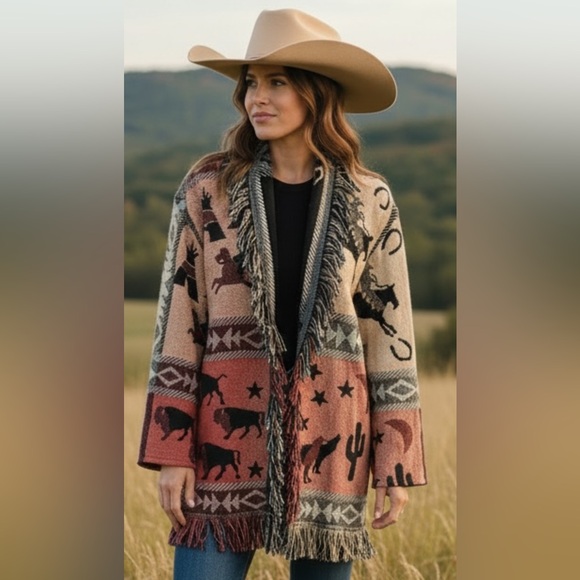 WRAPPER VINTAGE NATIVE WESTERN TAPESTRY FRINGE WRAP BLANKET COAT JACKET SIZE OS - Picture 2 of 15